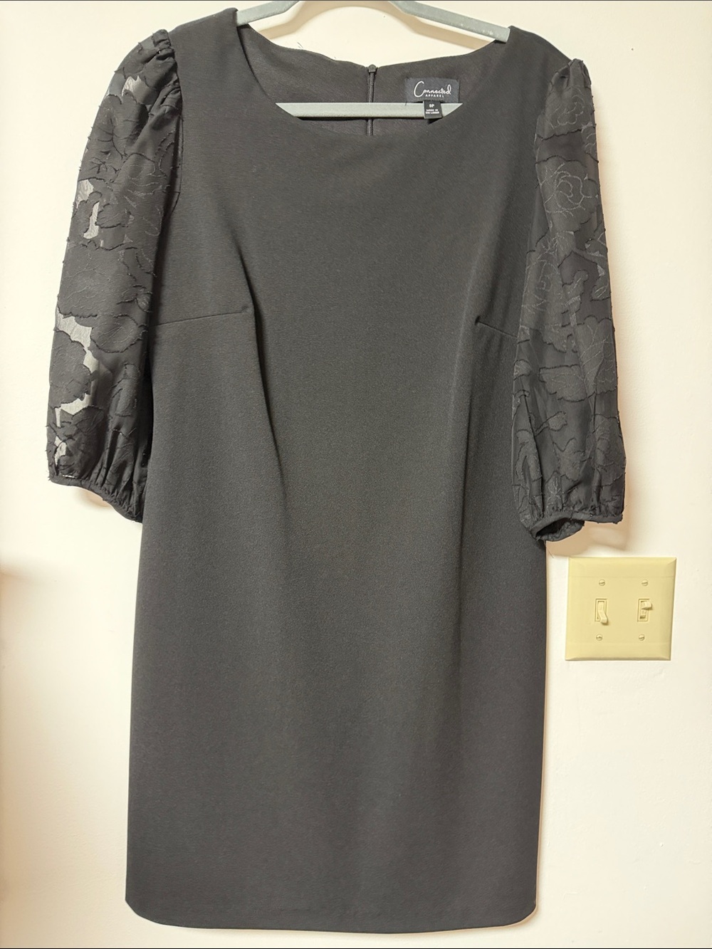 connected apparel Black Midi Dress with Sheer Floral Puff Sleeves